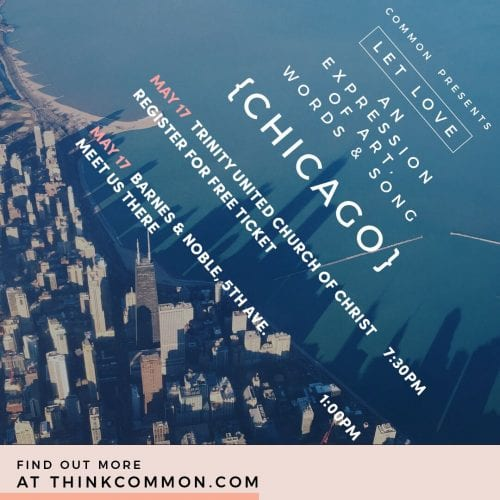 Let Love {CHICAGO} tour graphic with aerial skyline photography and vertical type lockup