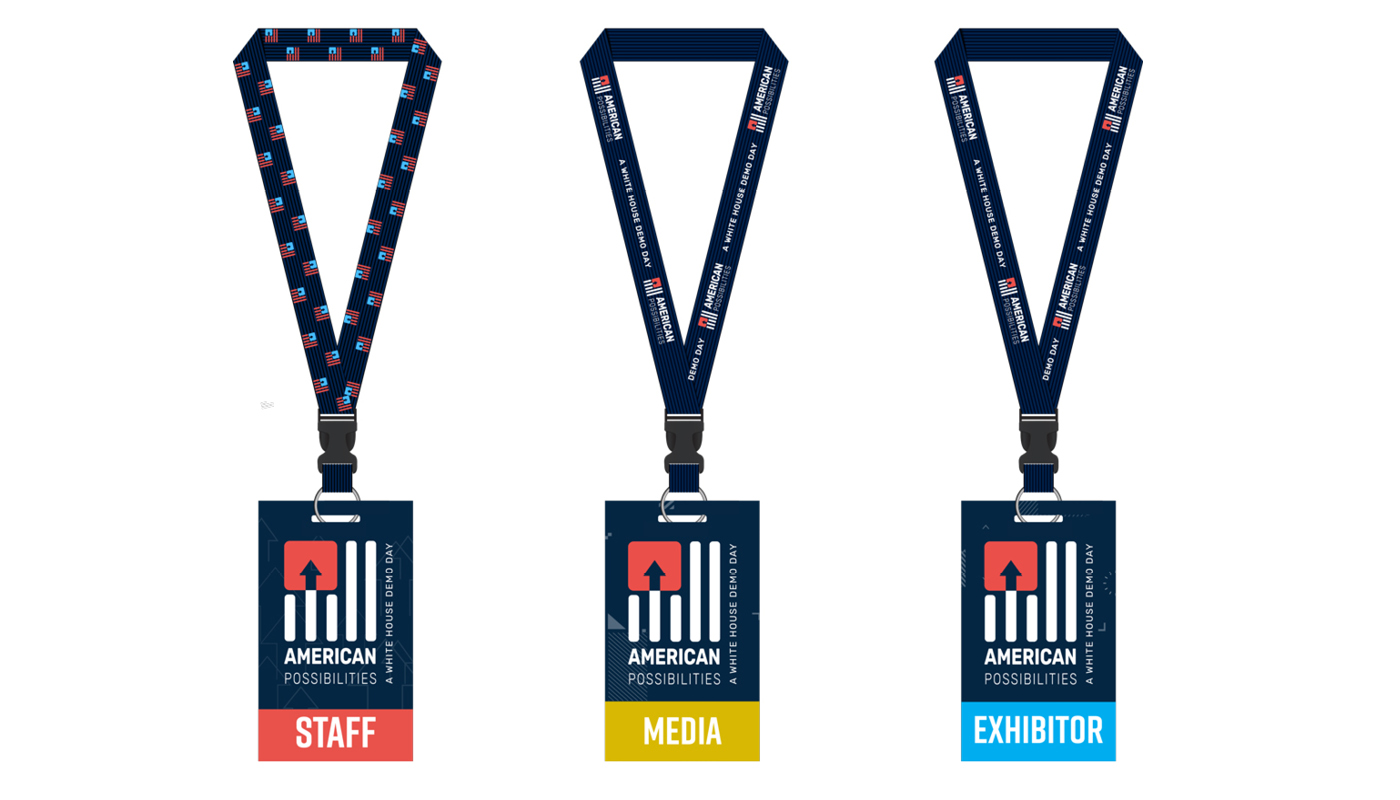 Staff, Media, and Exhibitor lanyard credentials for American Possibilities Demo Day