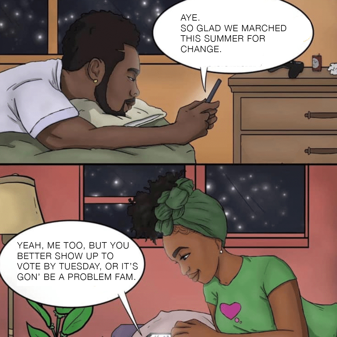 Comic-style social graphic reminding voters to show up on Tuesday