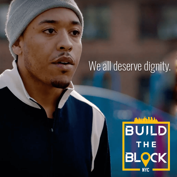 'We all deserve dignity.' — Build the Block portrait social graphic