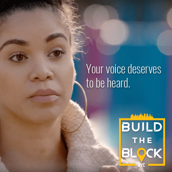 'Your voice deserves to be heard.' — Build the Block portrait social graphic