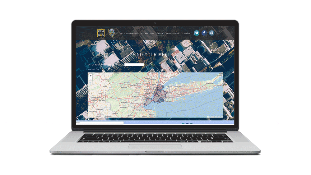 buildtheblock.nyc landing page — a Find Your Meeting map we built so New Yorkers can locate upcoming neighborhood safety meetings