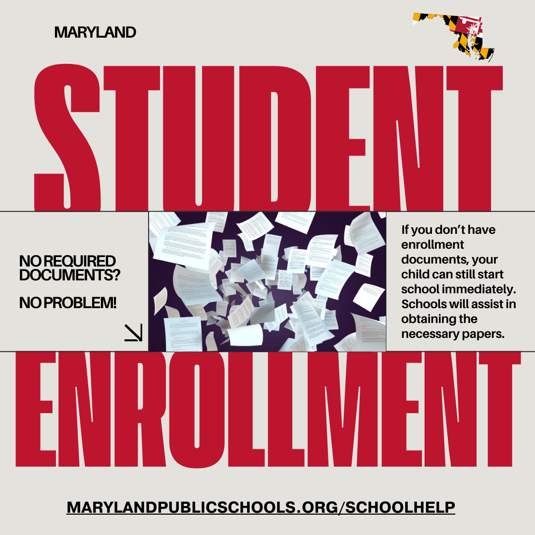 Maryland Student Enrollment — 'No required documents? No problem!' informational graphic