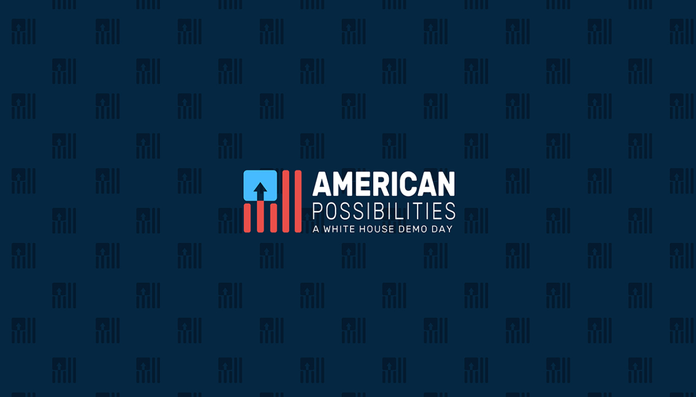 American Possibilities: A White House Demo Day identity — navy pattern with the arrow-and-bars mark