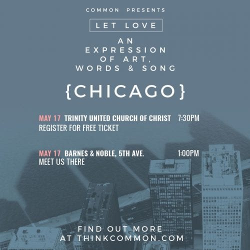 Let Love Chicago tour graphic on a blue-tinted skyline photo