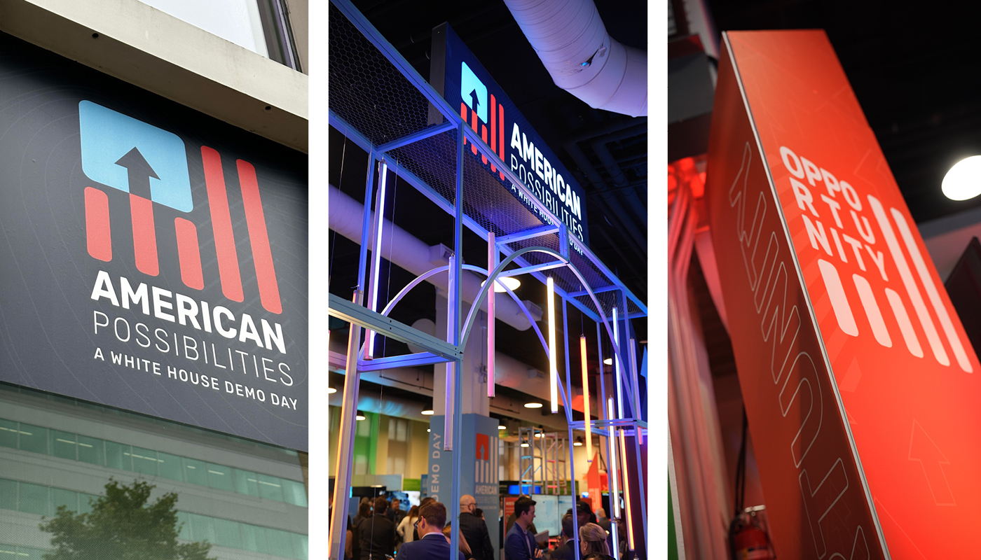 American Possibilities exterior signage, entrance archway, and Opportunity kiosk