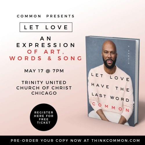 Let Love Chicago announce — book cover with Trinity United Church of Christ date and free-ticket CTA