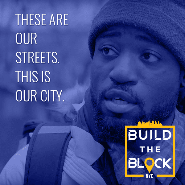 'These are our streets. This is our city.' — Build the Block blue-tinted portrait graphic