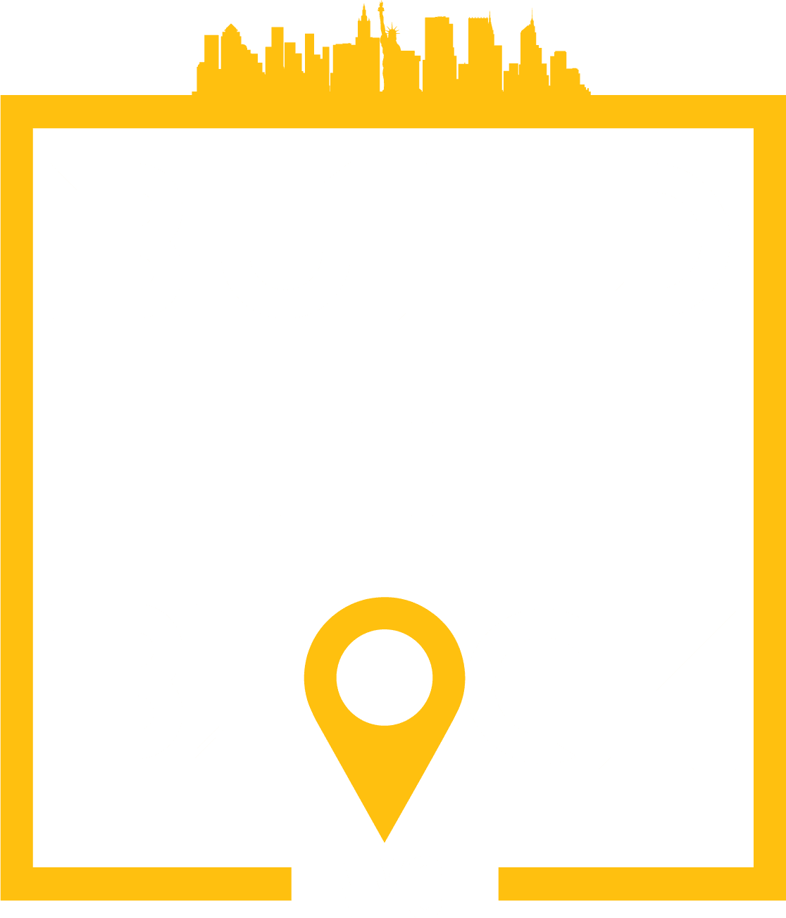 Build the Block NYC identity mark — map pin inside a square lock-up crowned by the NYC skyline