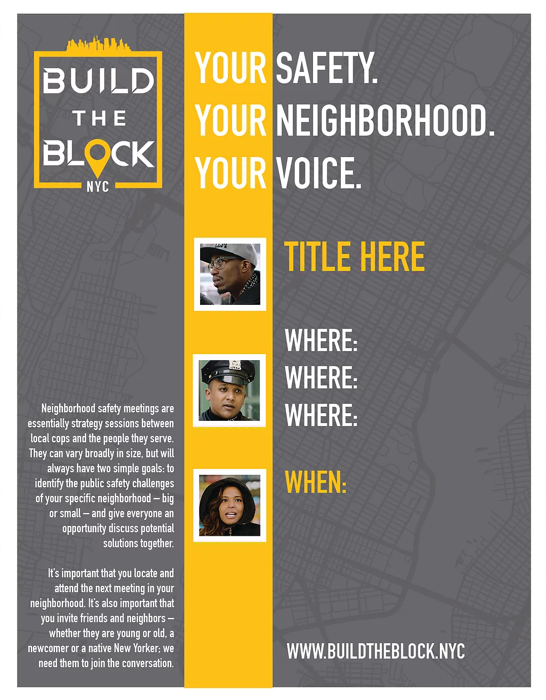 Build the Block meeting flyer — 'Your Safety. Your Neighborhood. Your Voice.'